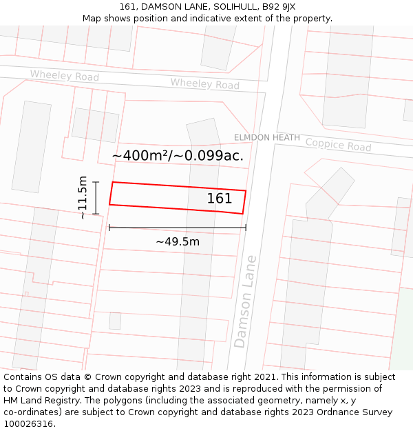 161, DAMSON LANE, SOLIHULL, B92 9JX: Plot and title map