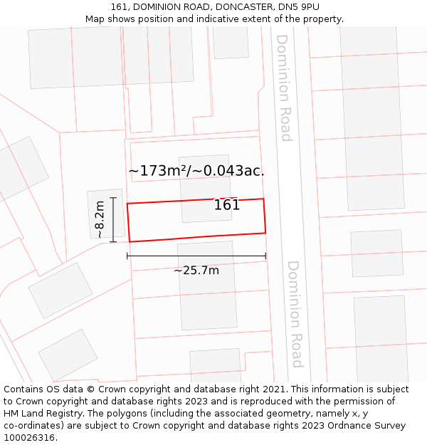 161, DOMINION ROAD, DONCASTER, DN5 9PU: Plot and title map