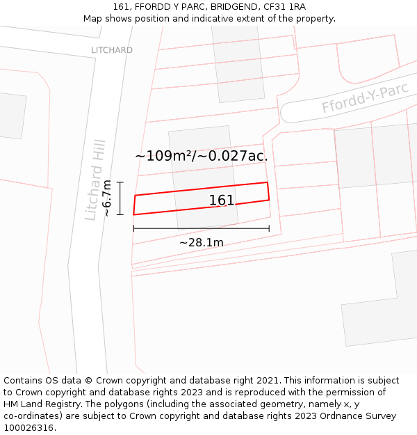 161, FFORDD Y PARC, BRIDGEND, CF31 1RA: Plot and title map
