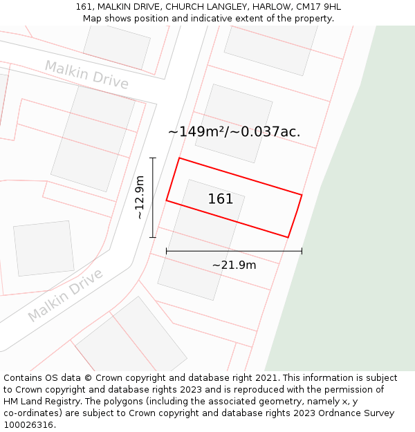 161, MALKIN DRIVE, CHURCH LANGLEY, HARLOW, CM17 9HL: Plot and title map