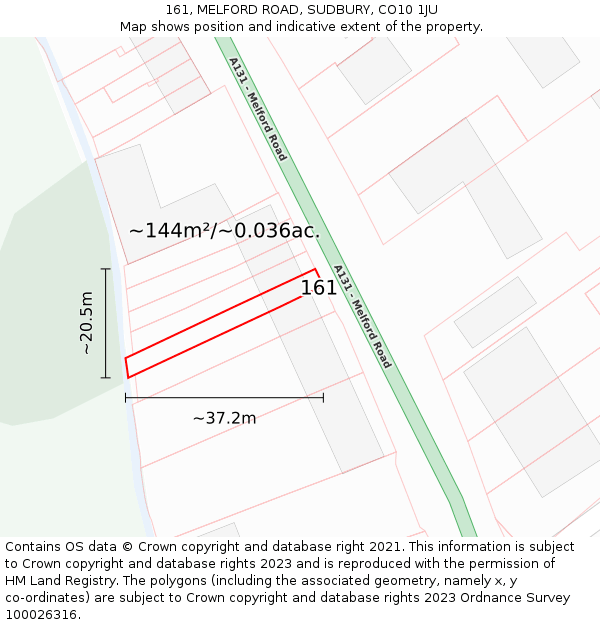 161, MELFORD ROAD, SUDBURY, CO10 1JU: Plot and title map
