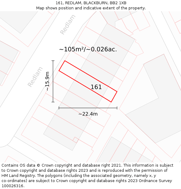 161, REDLAM, BLACKBURN, BB2 1XB: Plot and title map