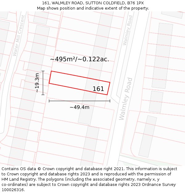 161, WALMLEY ROAD, SUTTON COLDFIELD, B76 1PX: Plot and title map