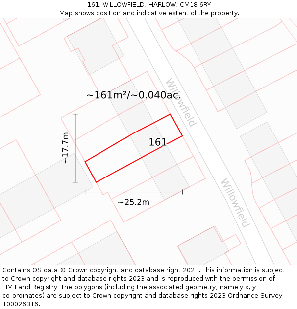 161, WILLOWFIELD, HARLOW, CM18 6RY: Plot and title map