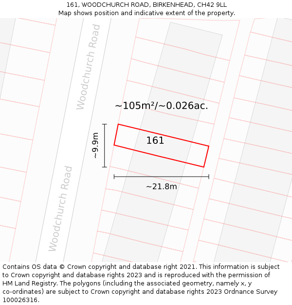 161, WOODCHURCH ROAD, BIRKENHEAD, CH42 9LL: Plot and title map