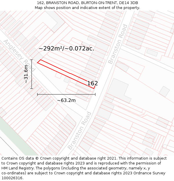 162, BRANSTON ROAD, BURTON-ON-TRENT, DE14 3DB: Plot and title map