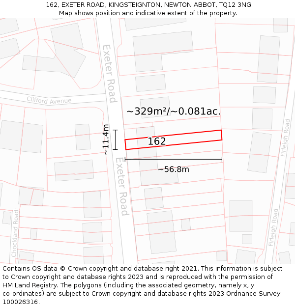 162, EXETER ROAD, KINGSTEIGNTON, NEWTON ABBOT, TQ12 3NG: Plot and title map