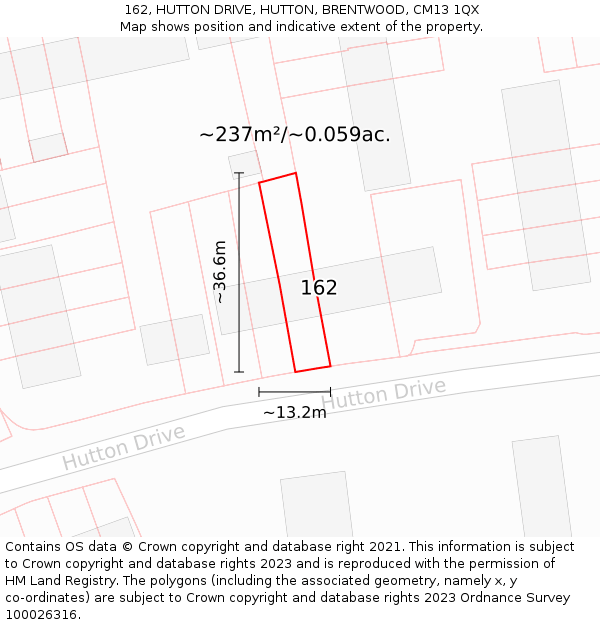 162, HUTTON DRIVE, HUTTON, BRENTWOOD, CM13 1QX: Plot and title map