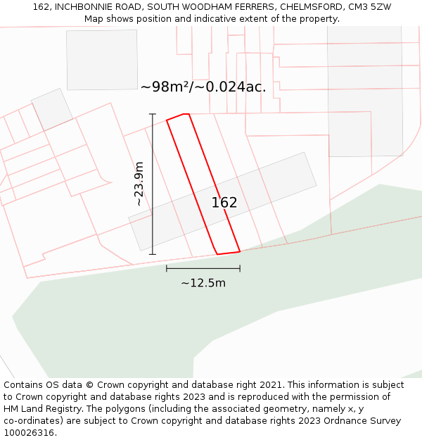162, INCHBONNIE ROAD, SOUTH WOODHAM FERRERS, CHELMSFORD, CM3 5ZW: Plot and title map
