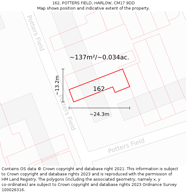162, POTTERS FIELD, HARLOW, CM17 9DD: Plot and title map