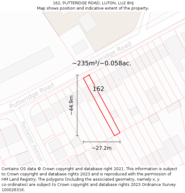162, PUTTERIDGE ROAD, LUTON, LU2 8HJ: Plot and title map