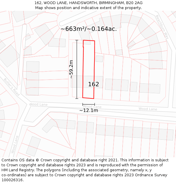 162, WOOD LANE, HANDSWORTH, BIRMINGHAM, B20 2AG: Plot and title map