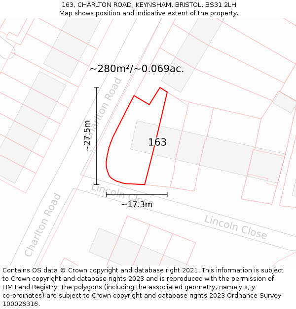 163, CHARLTON ROAD, KEYNSHAM, BRISTOL, BS31 2LH: Plot and title map