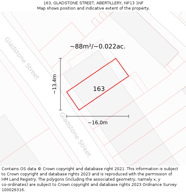 163, GLADSTONE STREET, ABERTILLERY, NP13 1NF: Plot and title map