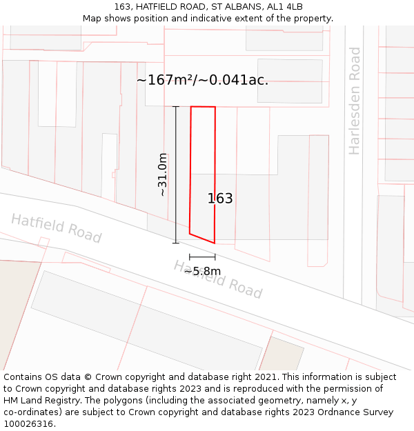 163, HATFIELD ROAD, ST ALBANS, AL1 4LB: Plot and title map