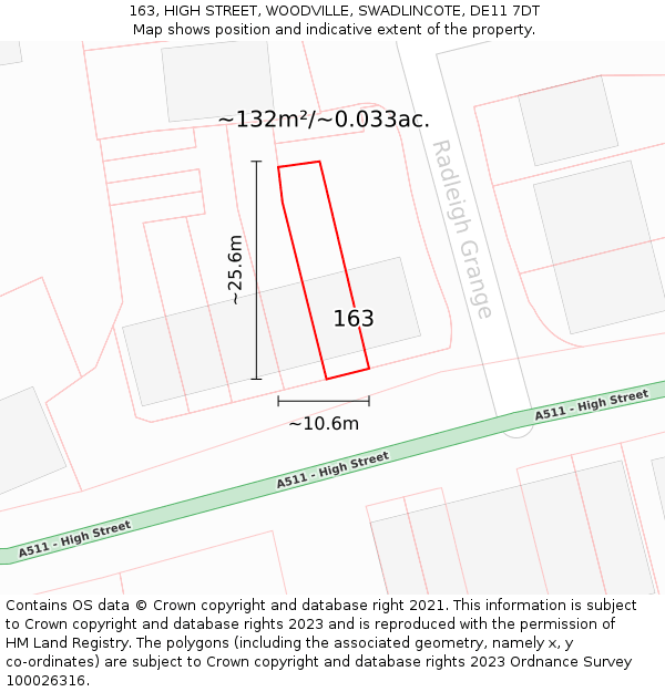 163, HIGH STREET, WOODVILLE, SWADLINCOTE, DE11 7DT: Plot and title map