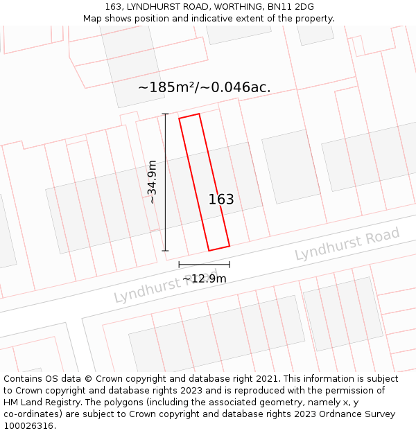 163, LYNDHURST ROAD, WORTHING, BN11 2DG: Plot and title map