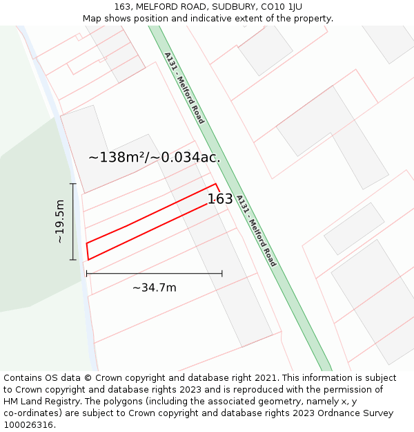 163, MELFORD ROAD, SUDBURY, CO10 1JU: Plot and title map