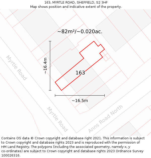 163, MYRTLE ROAD, SHEFFIELD, S2 3HF: Plot and title map