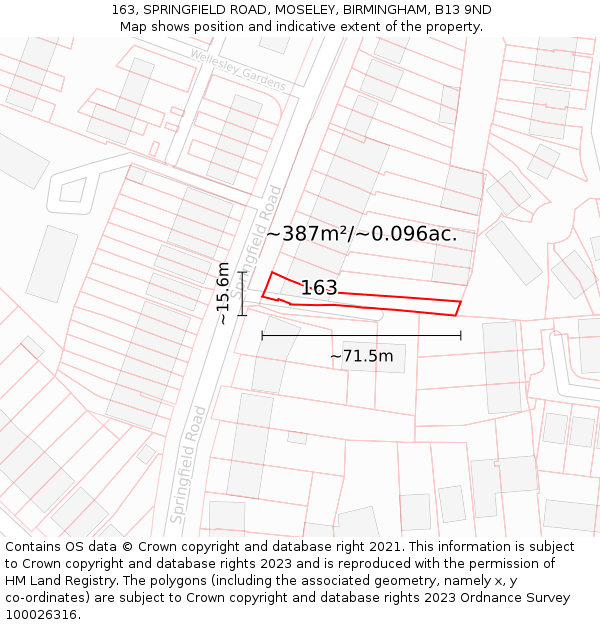 163, SPRINGFIELD ROAD, MOSELEY, BIRMINGHAM, B13 9ND: Plot and title map