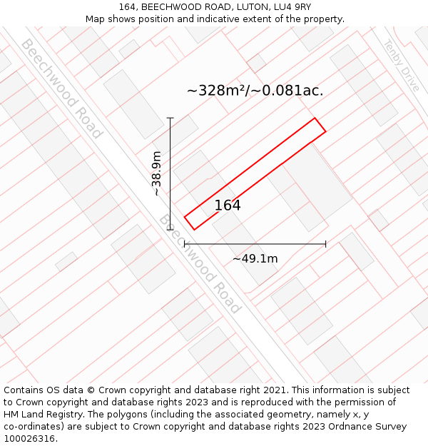 164, BEECHWOOD ROAD, LUTON, LU4 9RY: Plot and title map