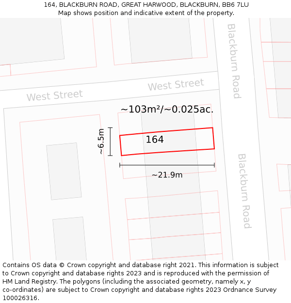 164, BLACKBURN ROAD, GREAT HARWOOD, BLACKBURN, BB6 7LU: Plot and title map