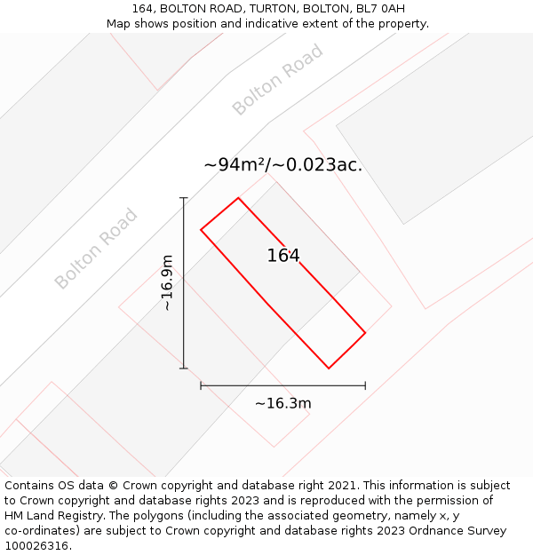 164, BOLTON ROAD, TURTON, BOLTON, BL7 0AH: Plot and title map
