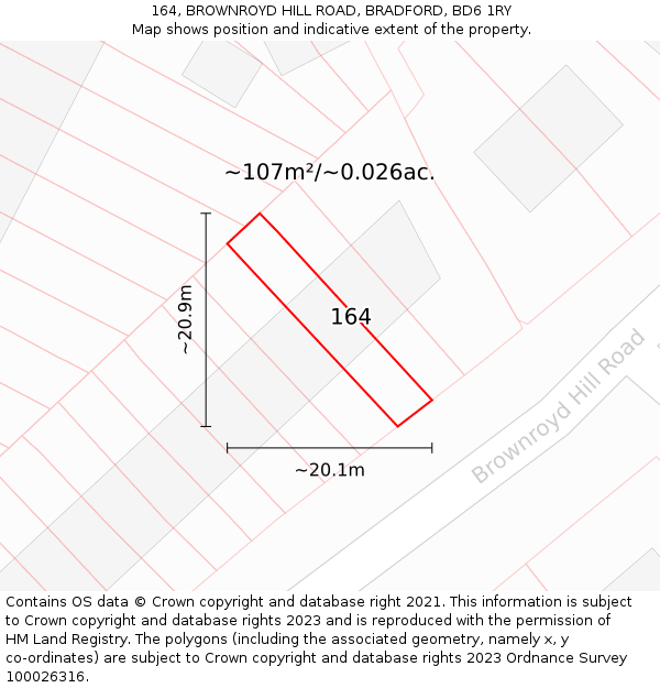164, BROWNROYD HILL ROAD, BRADFORD, BD6 1RY: Plot and title map