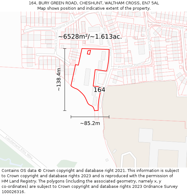 164, BURY GREEN ROAD, CHESHUNT, WALTHAM CROSS, EN7 5AL: Plot and title map
