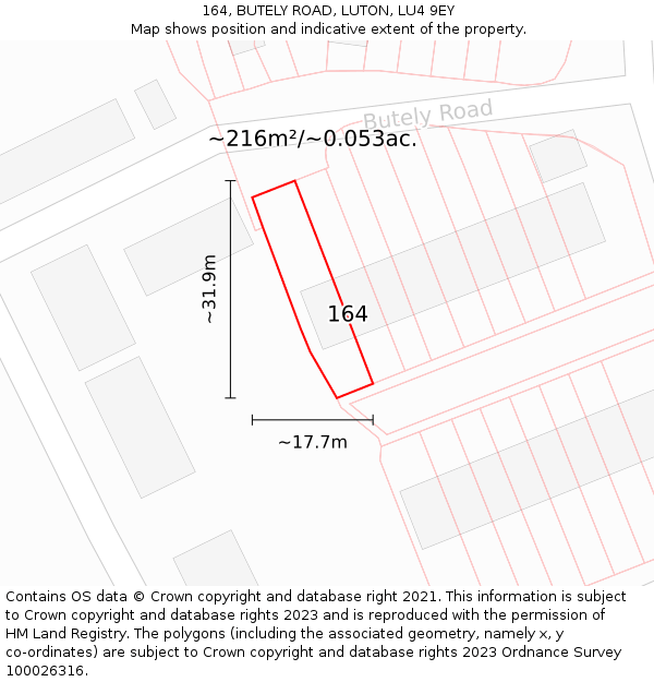 164, BUTELY ROAD, LUTON, LU4 9EY: Plot and title map