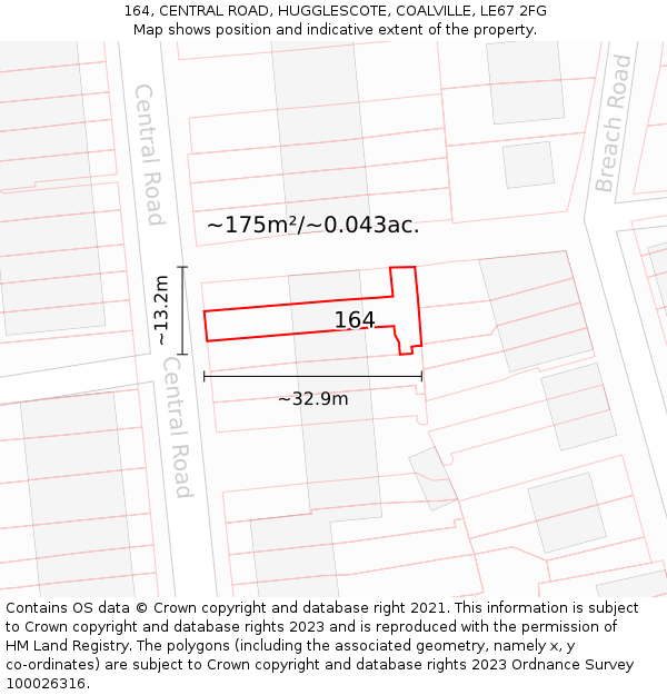 164, CENTRAL ROAD, HUGGLESCOTE, COALVILLE, LE67 2FG: Plot and title map