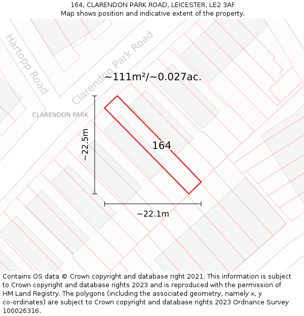 164, CLARENDON PARK ROAD, LEICESTER, LE2 3AF: Plot and title map