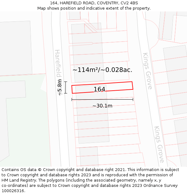 164, HAREFIELD ROAD, COVENTRY, CV2 4BS: Plot and title map