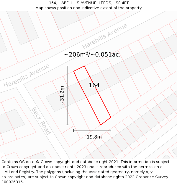164, HAREHILLS AVENUE, LEEDS, LS8 4ET: Plot and title map