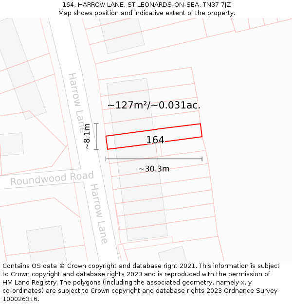 164, HARROW LANE, ST LEONARDS-ON-SEA, TN37 7JZ: Plot and title map