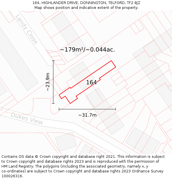 164, HIGHLANDER DRIVE, DONNINGTON, TELFORD, TF2 8JZ: Plot and title map