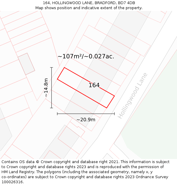 164, HOLLINGWOOD LANE, BRADFORD, BD7 4DB: Plot and title map