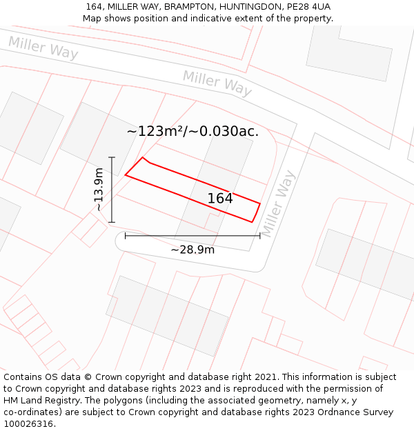 164, MILLER WAY, BRAMPTON, HUNTINGDON, PE28 4UA: Plot and title map