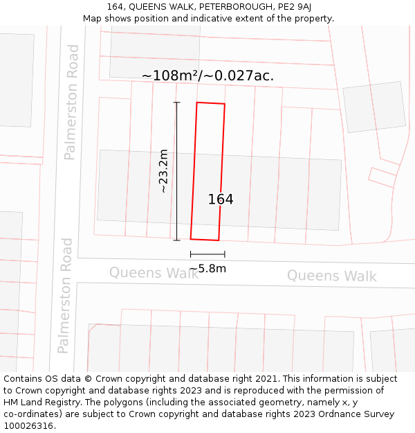 164, QUEENS WALK, PETERBOROUGH, PE2 9AJ: Plot and title map
