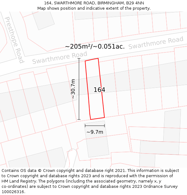 164, SWARTHMORE ROAD, BIRMINGHAM, B29 4NN: Plot and title map