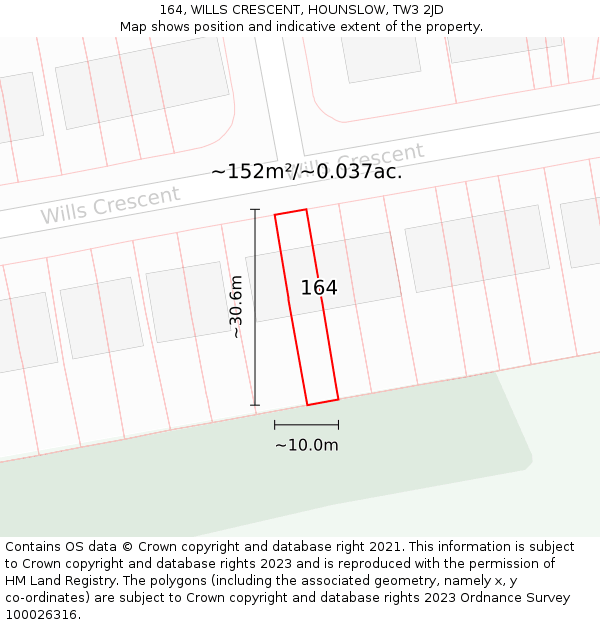 164, WILLS CRESCENT, HOUNSLOW, TW3 2JD: Plot and title map
