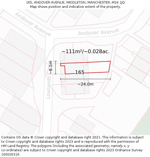 165, ANDOVER AVENUE, MIDDLETON, MANCHESTER, M24 1JQ: Plot and title map
