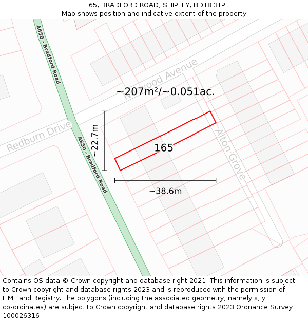 165, BRADFORD ROAD, SHIPLEY, BD18 3TP: Plot and title map