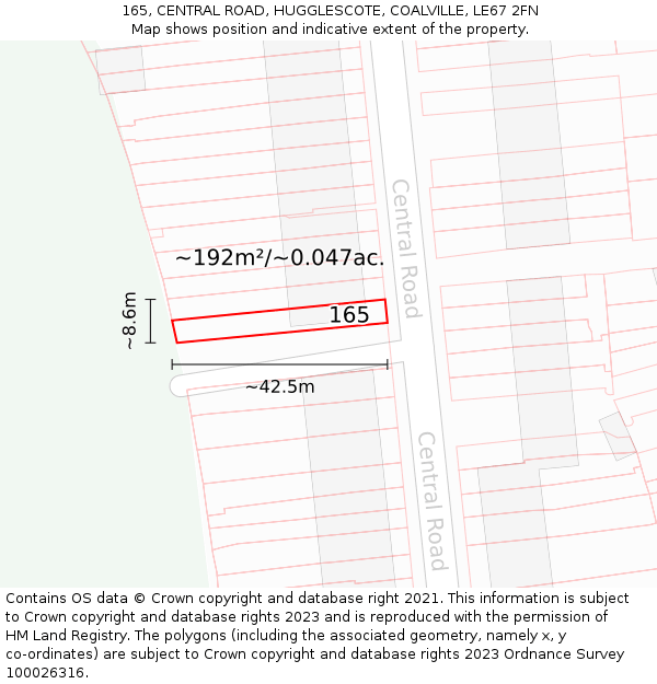 165, CENTRAL ROAD, HUGGLESCOTE, COALVILLE, LE67 2FN: Plot and title map