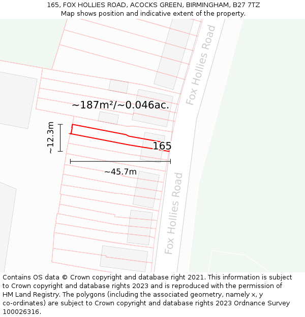165, FOX HOLLIES ROAD, ACOCKS GREEN, BIRMINGHAM, B27 7TZ: Plot and title map