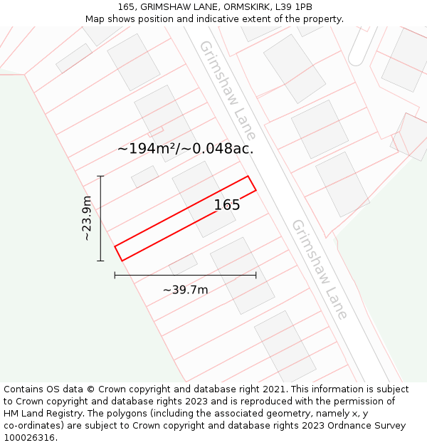 165, GRIMSHAW LANE, ORMSKIRK, L39 1PB: Plot and title map