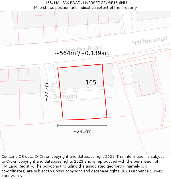 165, HALIFAX ROAD, LIVERSEDGE, WF15 6NU: Plot and title map