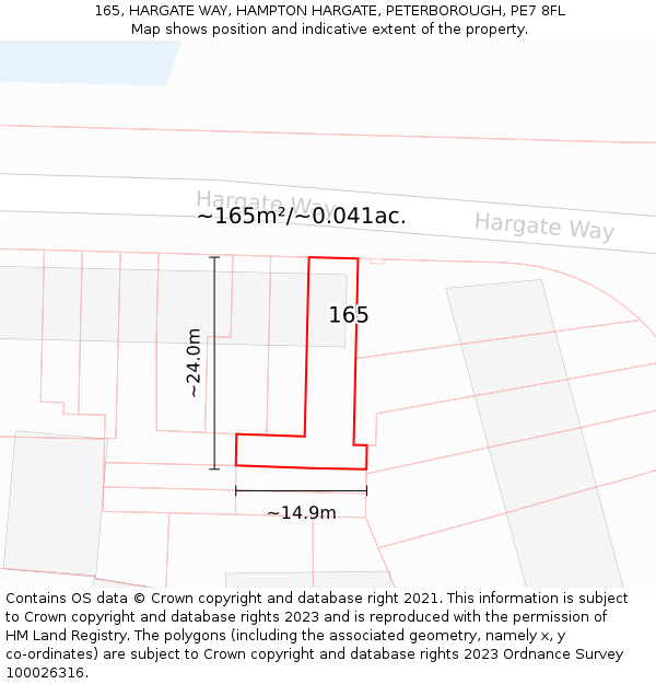 165, HARGATE WAY, HAMPTON HARGATE, PETERBOROUGH, PE7 8FL: Plot and title map