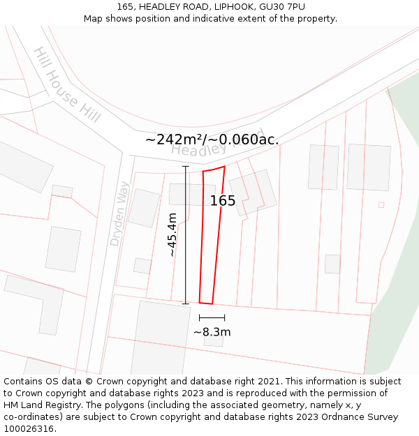 165, HEADLEY ROAD, LIPHOOK, GU30 7PU: Plot and title map