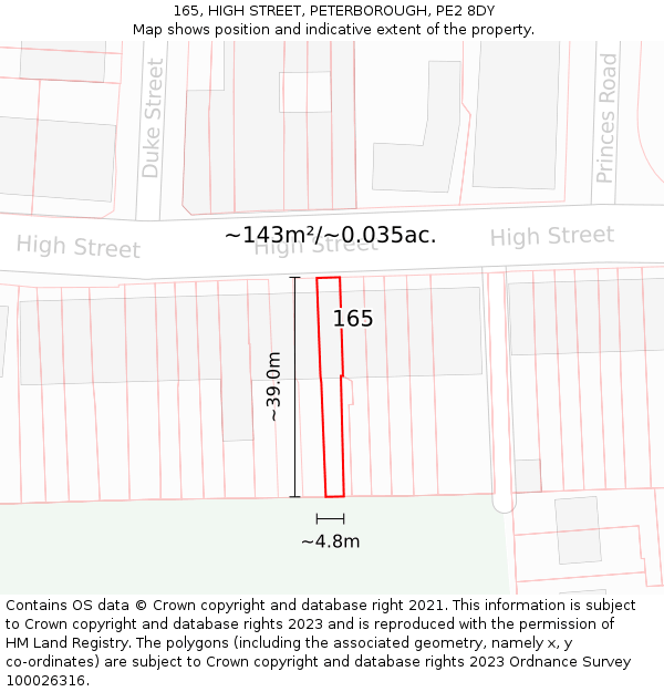 165, HIGH STREET, PETERBOROUGH, PE2 8DY: Plot and title map